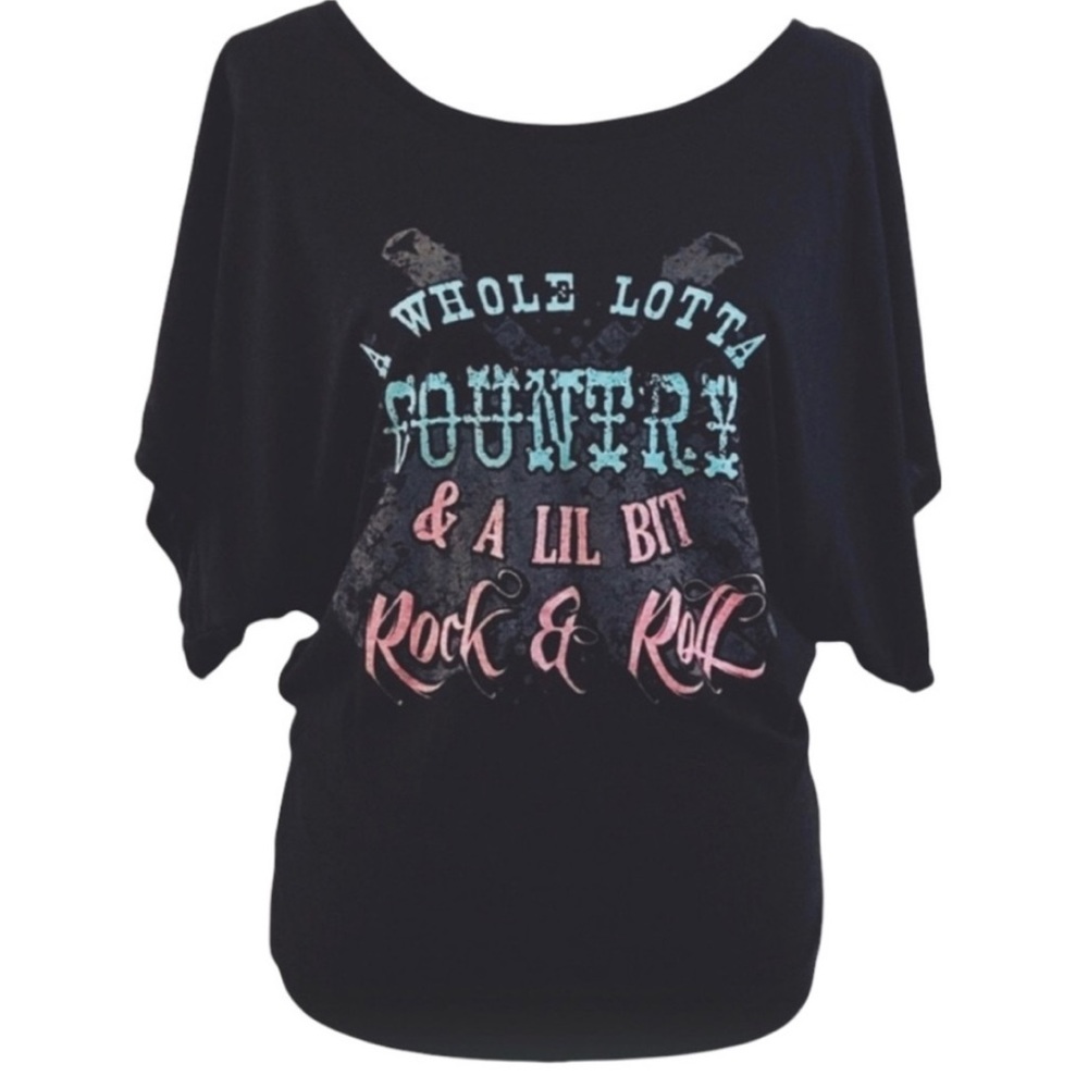 Bella Black Country Dolman Bat Short Sleeve Western Graphic Tee Top Small
